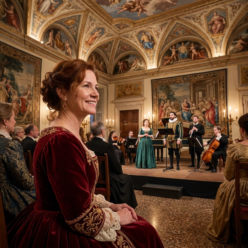 A Renaissance palace interior in Mantua with ornate ceilings and a small performance area, suggesting the courtly setting where Monteverdi’s L’Orfeo premiered