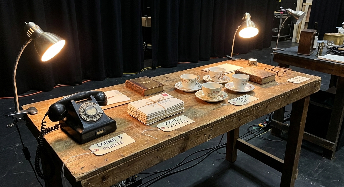 A backstage prop table neatly arranged with labeled household objects like letters, teacups, and a vintage telephone under work lights, photographed moments before a performance
