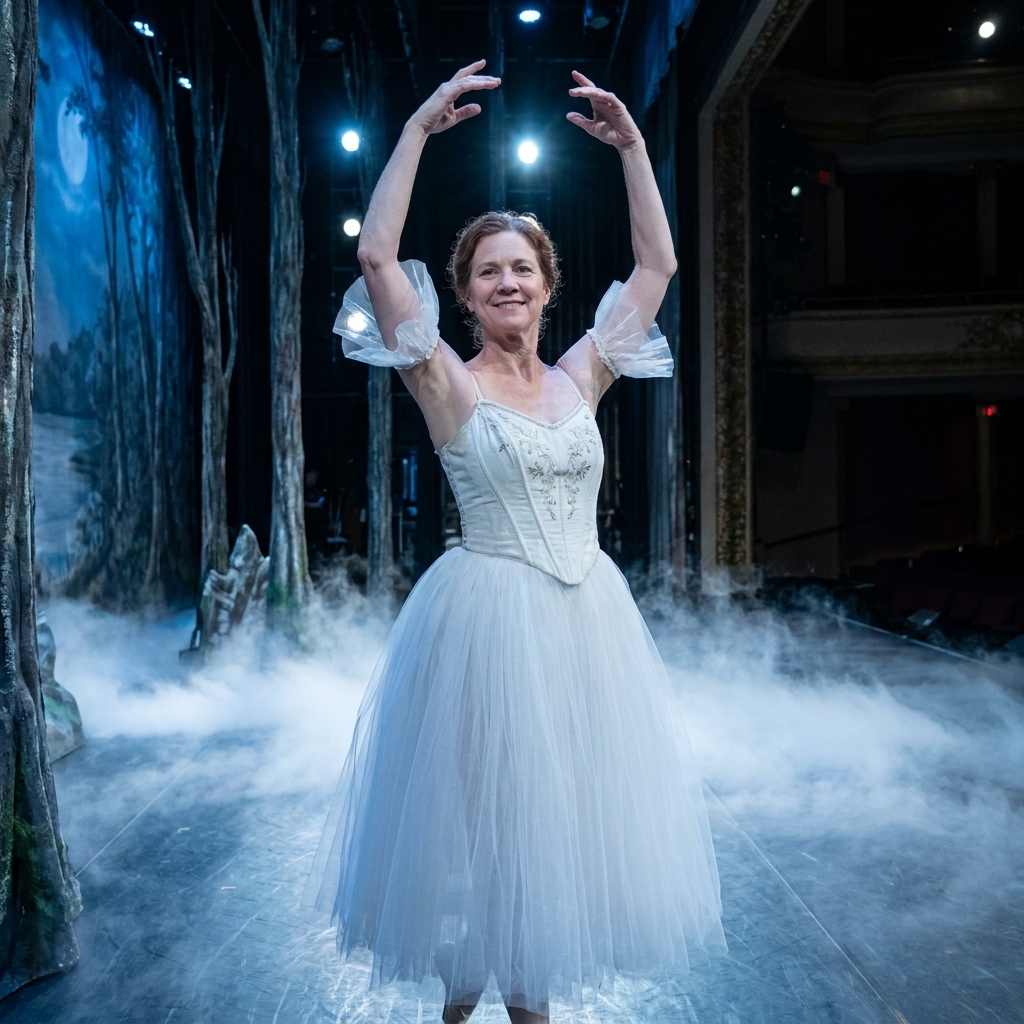 A ballerina wearing a white, calf-length Romantic tutu with layered tulle and a delicate corseted bodice, posed in a moonlit forest set on a theater stage