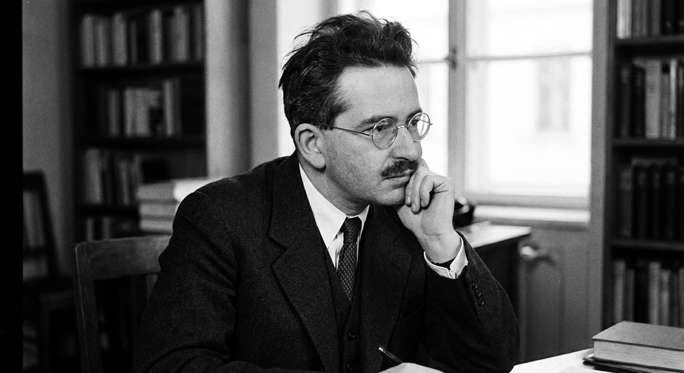 A black-and-white photograph of Walter Benjamin wearing a suit and tie, facing slightly to the side with a thoughtful expression