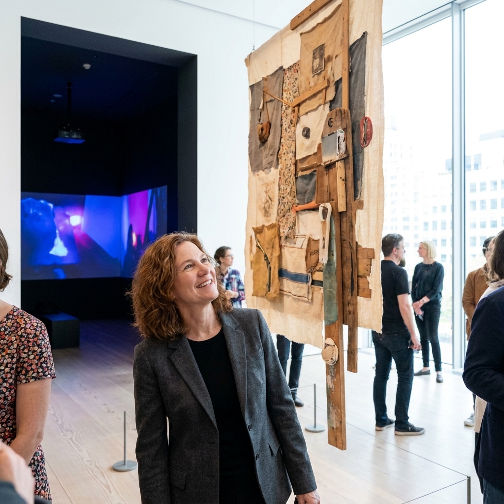 A bright contemporary art gallery in the Whitney Museum with visitors viewing large-scale mixed-media works and a video installation glowing in a darkened corner