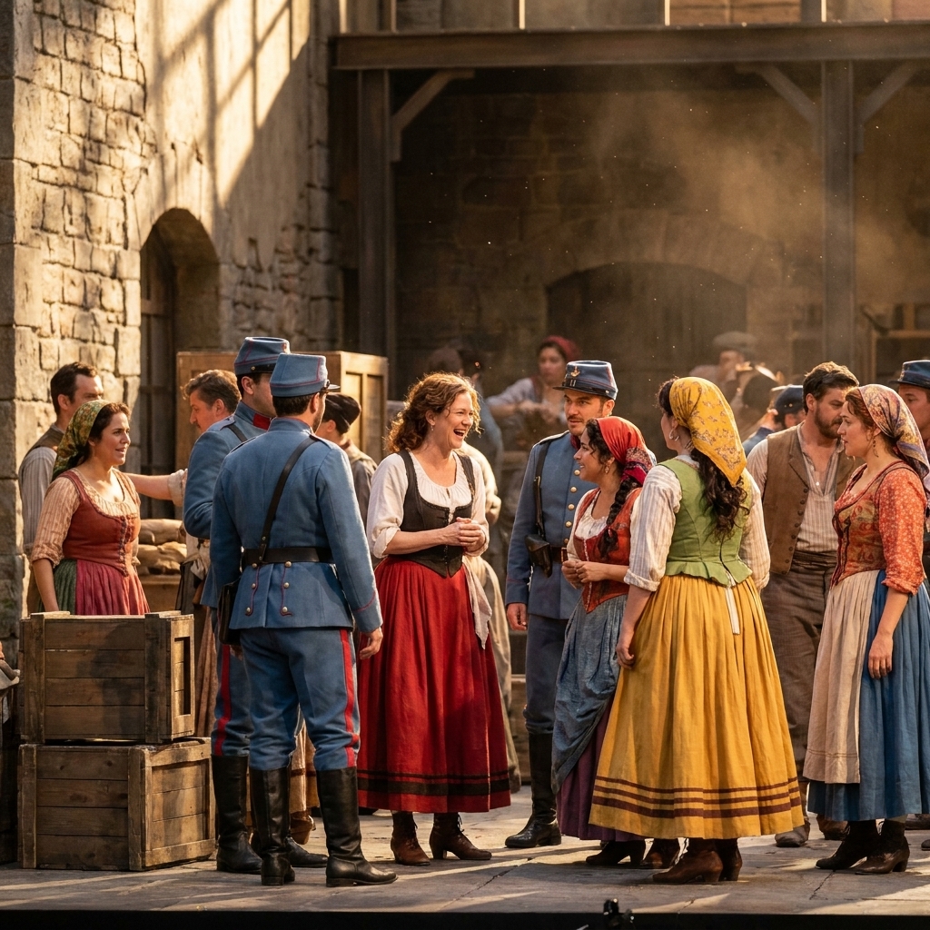 A bustling stage scene with a factory courtyard atmosphere, costumed workers and soldiers gathered in warm sunlight, capturing the grounded public world of Bizet's Carmen