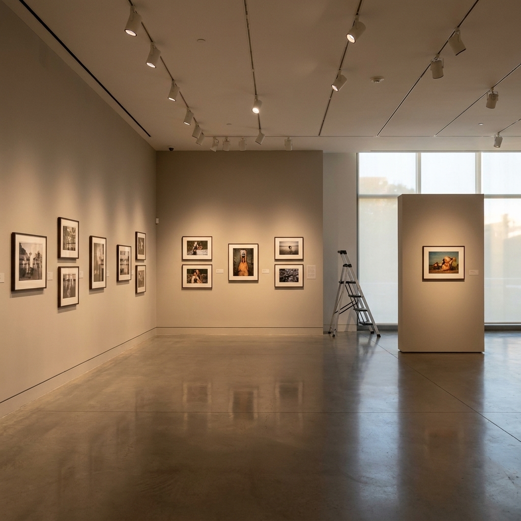 A calm, empty gallery before opening, with framed artworks evenly lit by track lights and a ladder tucked to the side