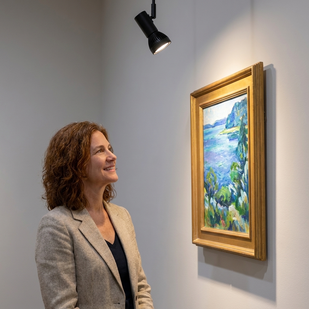 A ceiling-mounted adjustable LED spotlight aimed toward a framed painting, producing warm-neutral light with crisp, accurate color