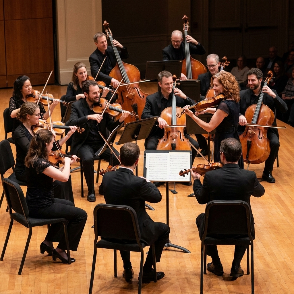 A chamber orchestra performing without a conductor, led by the concertmaster standing near the first violin section while musicians watch each other closely