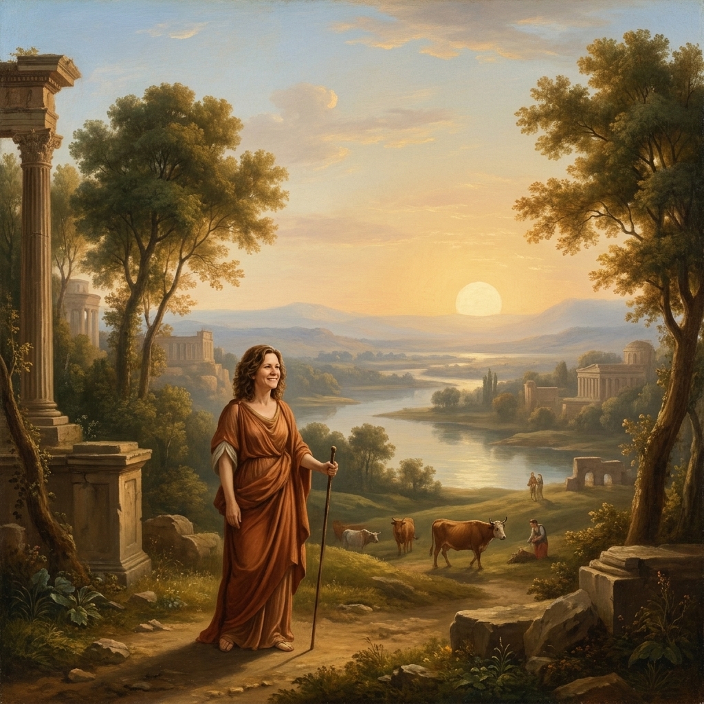 A classical landscape scene associated with Claude Lorrain, with distant hazy hills and warm light fading toward the horizon