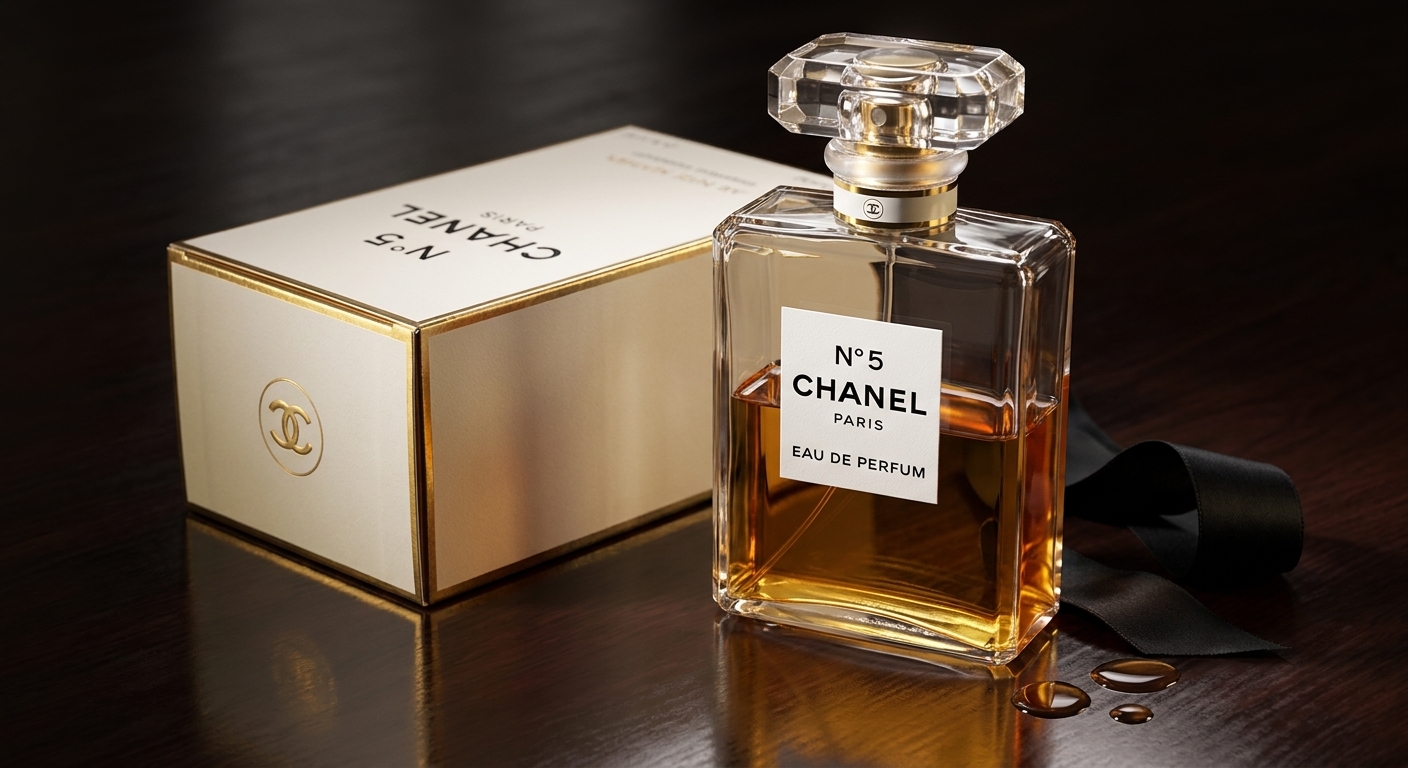 A close-up of Chanel No. 5 packaging and bottle on a dark surface, highlighting reflective gold-toned accents, crisp label typography, and a premium finish
