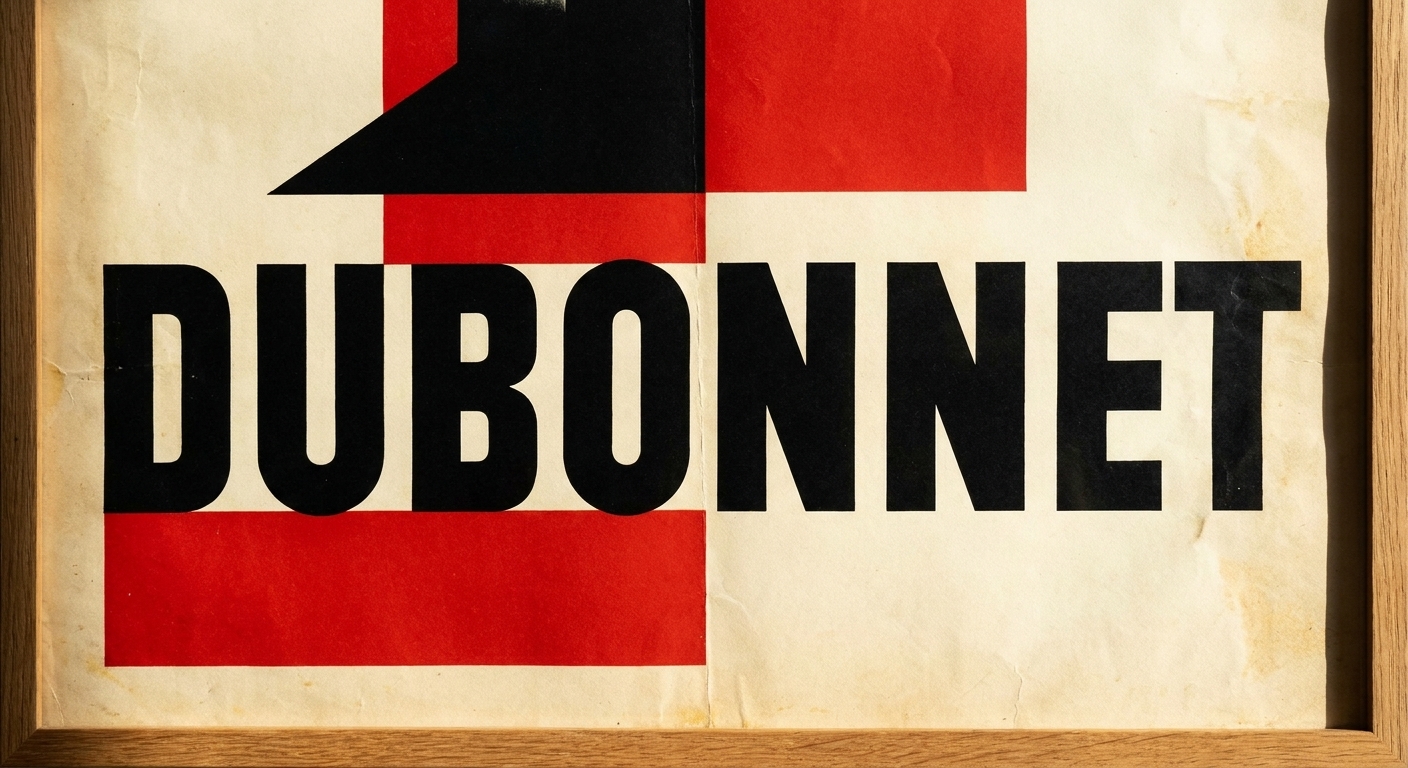 A close-up of an A. M. Cassandre Dubonnet poster, showing bold geometric lettering, strong color blocking, and crisp typographic forms