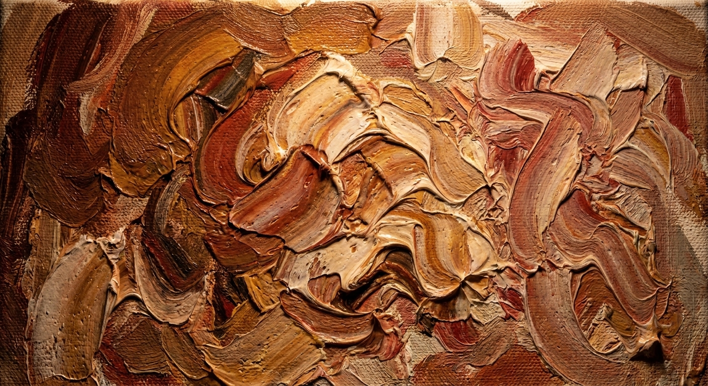 A close-up photograph of thick paint texture on canvas, showing layered pigment and visible strokes under gallery lighting