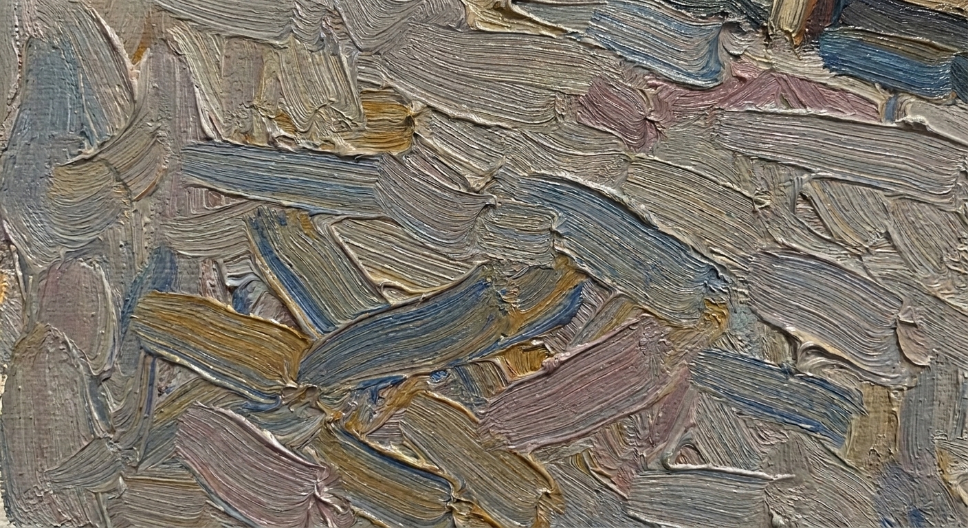A close-up view of thick, visible brushstrokes showing layered warm and cool grays with hints of blue, ochre, and mauve