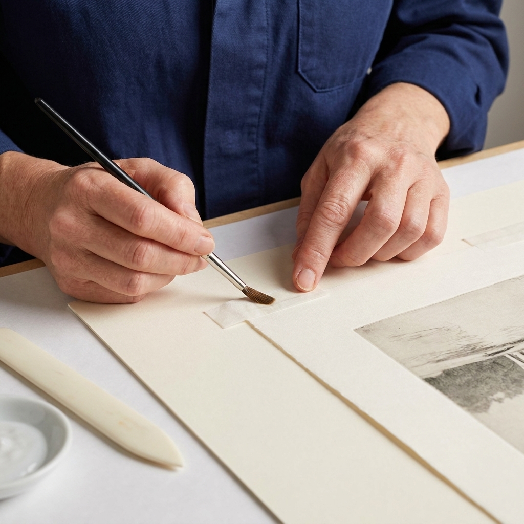 A close view of a framer's hands placing small Japanese paper hinges along the top edge of a fine art print on an acid-free backing board