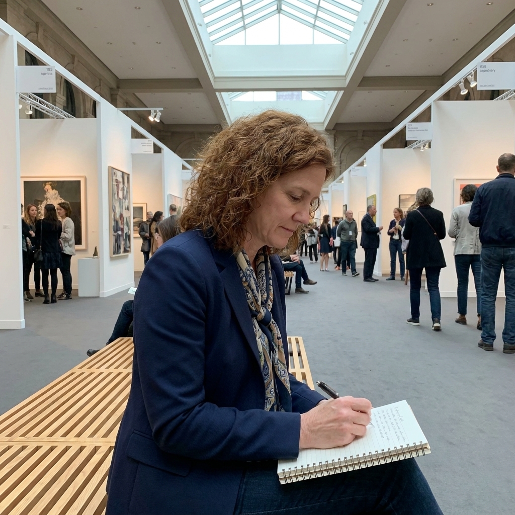 A collector seated on a bench inside an art fair atrium, looking down at a notebook while galleries and visitors move in the background