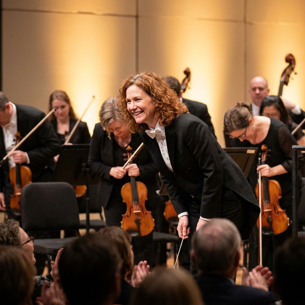 A conductor turning toward the audience as the orchestra musicians bow onstage, with warm stage lighting and blurred audience seats in the foreground