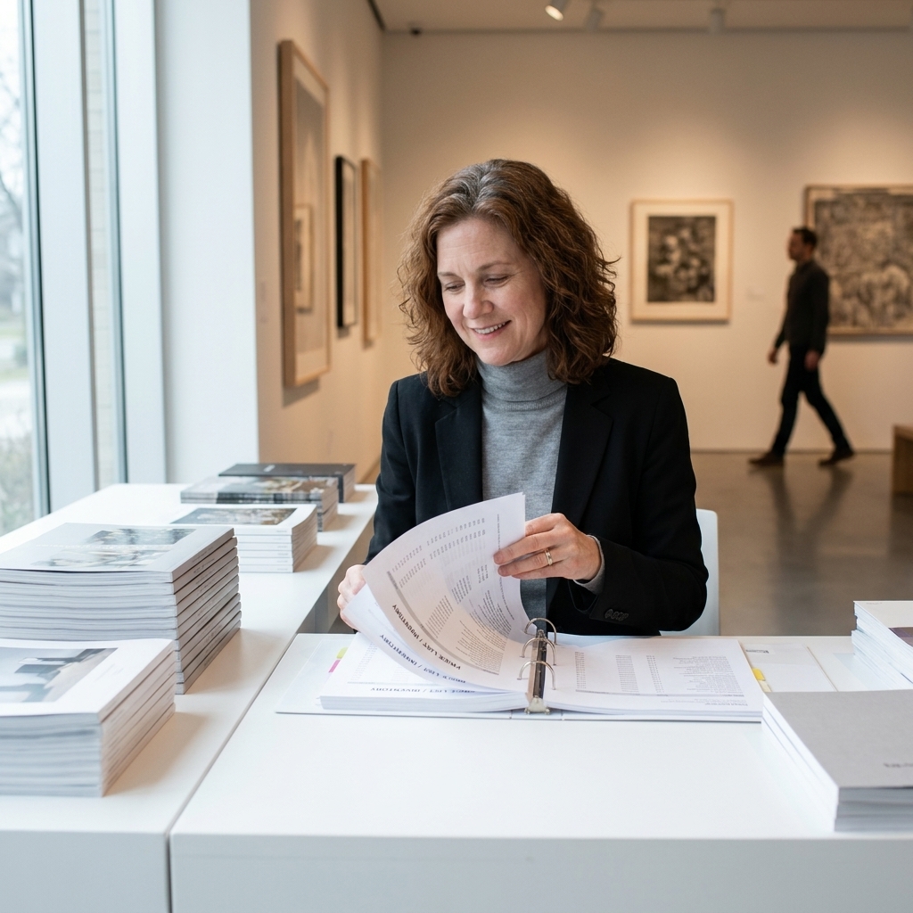 A contemporary art gallery desk with a binder containing a price list and inventory sheets, surrounded by neatly stacked exhibition documents