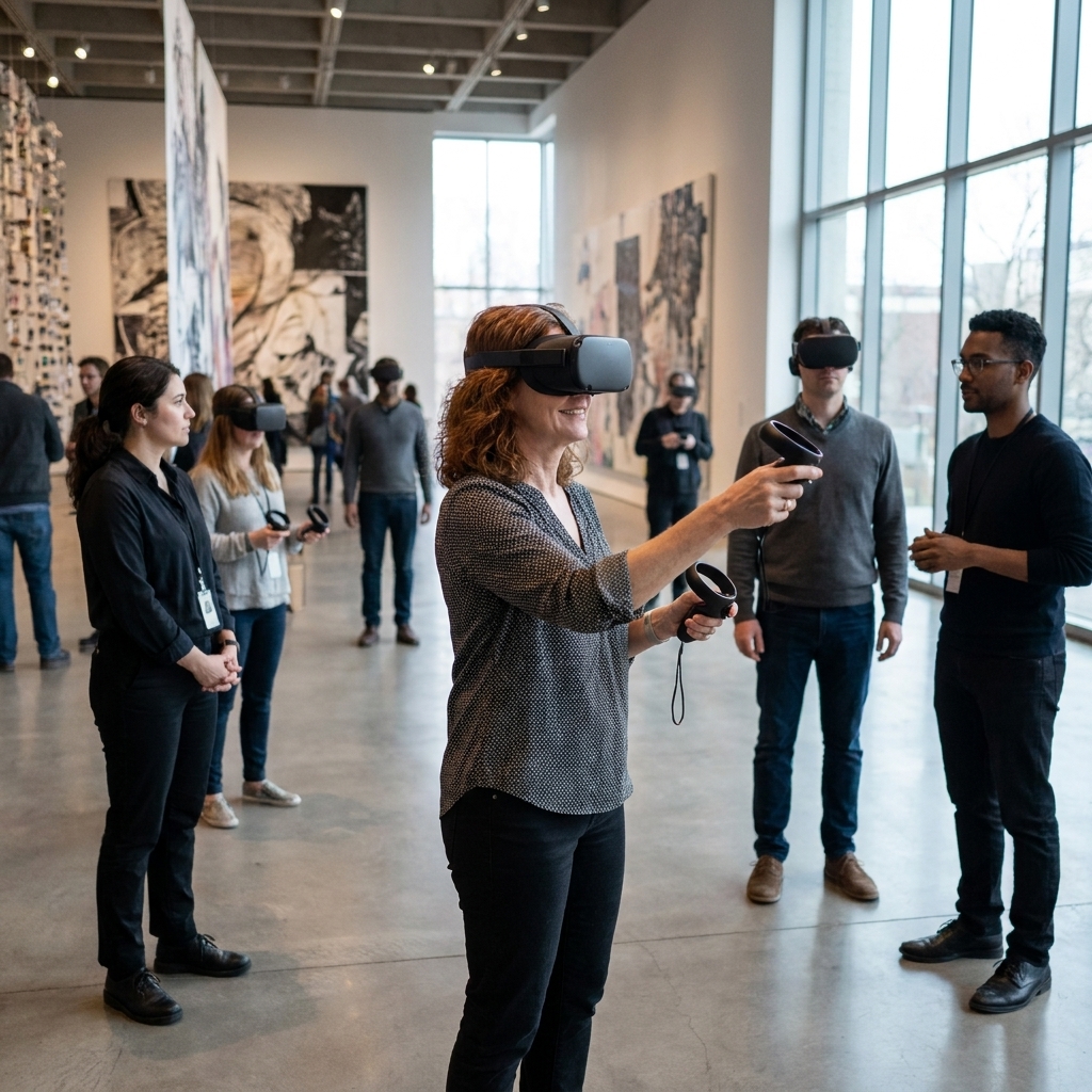 A contemporary art gallery where several visitors wear VR headsets and hold hand controllers while staff members stand nearby, a real photograph capturing a public VR exhibition