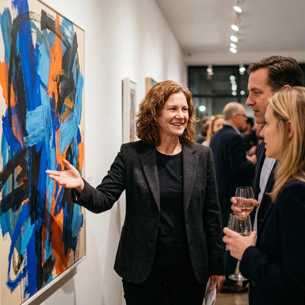 A contemporary artist in a dark blazer speaking with two guests beside a large abstract painting during a gallery opening, with other attendees blurred in the background