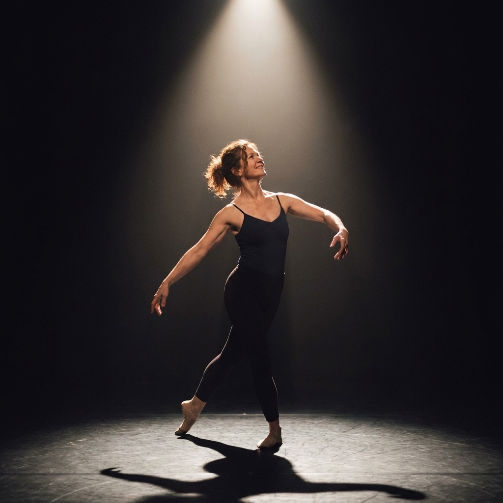 A contemporary ballet dancer standing alone on a mostly empty stage in a simple dark costume, lit by a single overhead spotlight that casts a crisp shadow