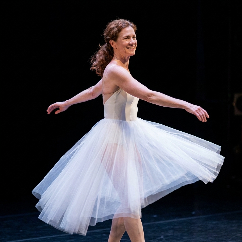 A contemporary ballet performer wearing a modernized white tutu with subtle asymmetry and a minimalist bodice, captured mid-turn on a dark stage