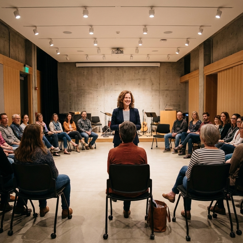 A contemporary cultural venue interior set up for a small performance, with movable chairs and a clear central area under soft lighting