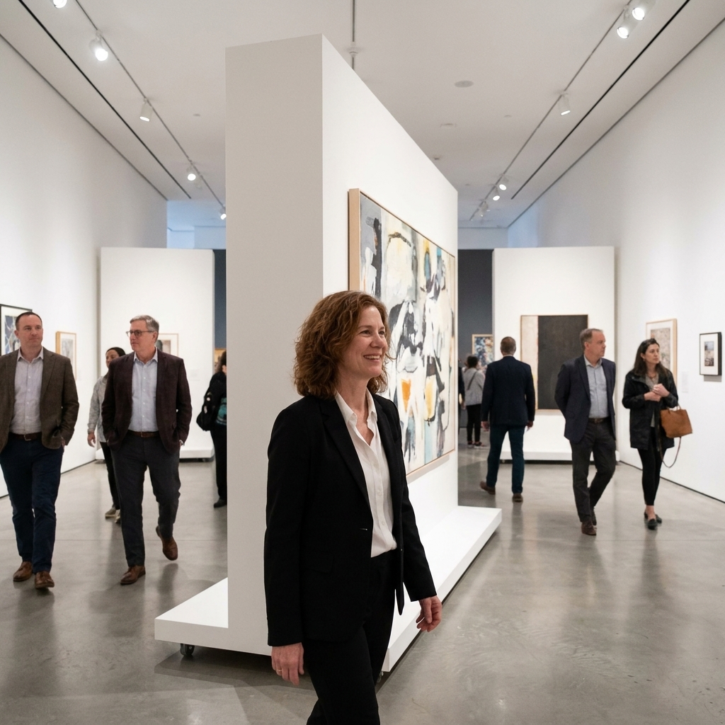 A contemporary gallery interior with clean movable partition walls creating multiple pathways and varied room sizes
