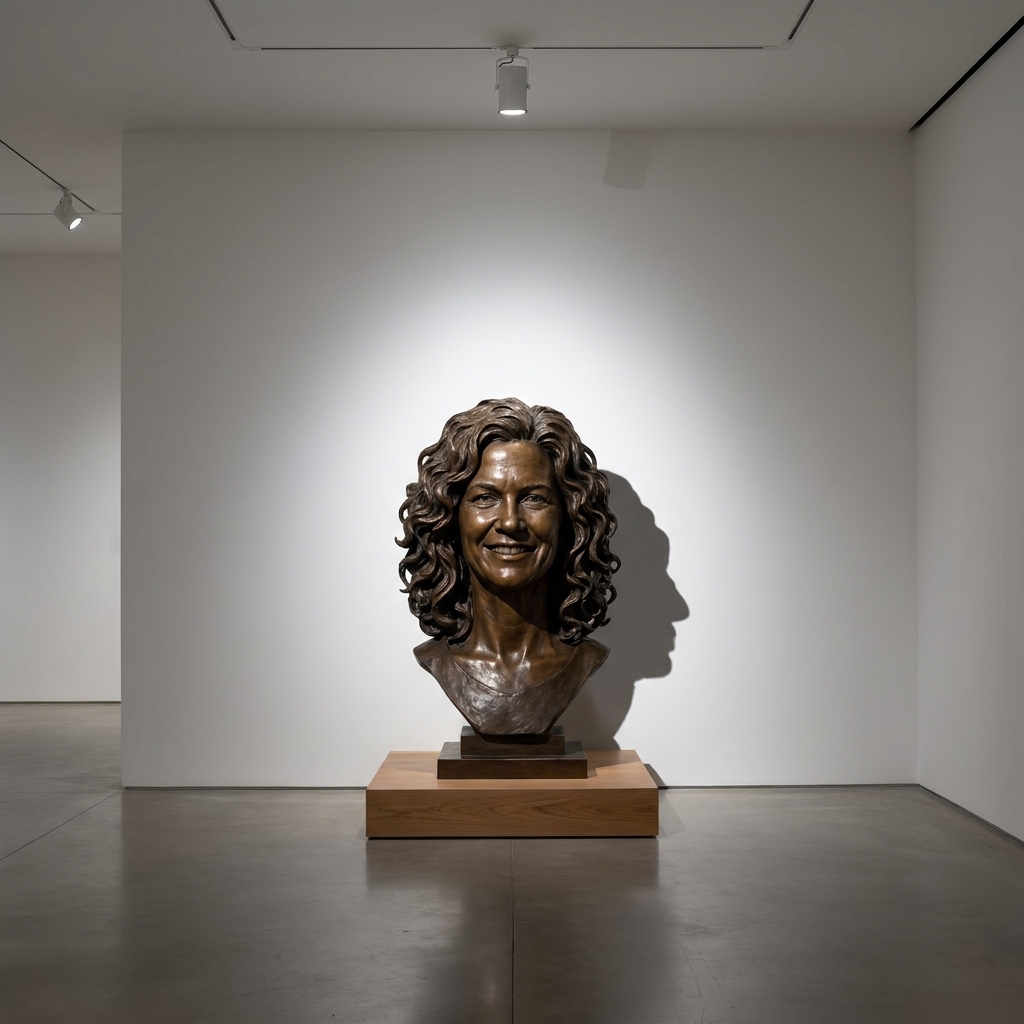 A contemporary sculpture on a low plinth in a white gallery, lit by a focused spotlight that creates a crisp shadow on the wall behind it