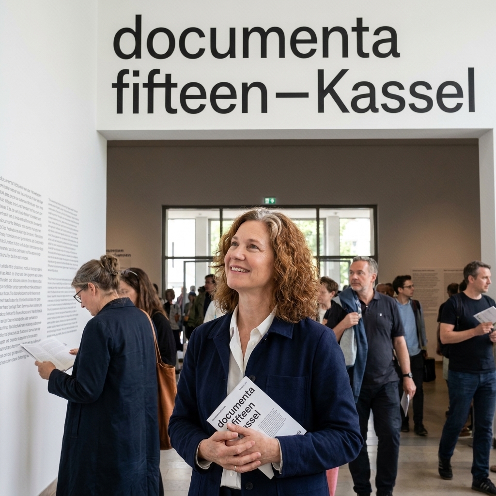 A crowded museum foyer in Kassel during documenta, with visitors reading wall texts and a large typographic wayfinding sign hanging above the entrance