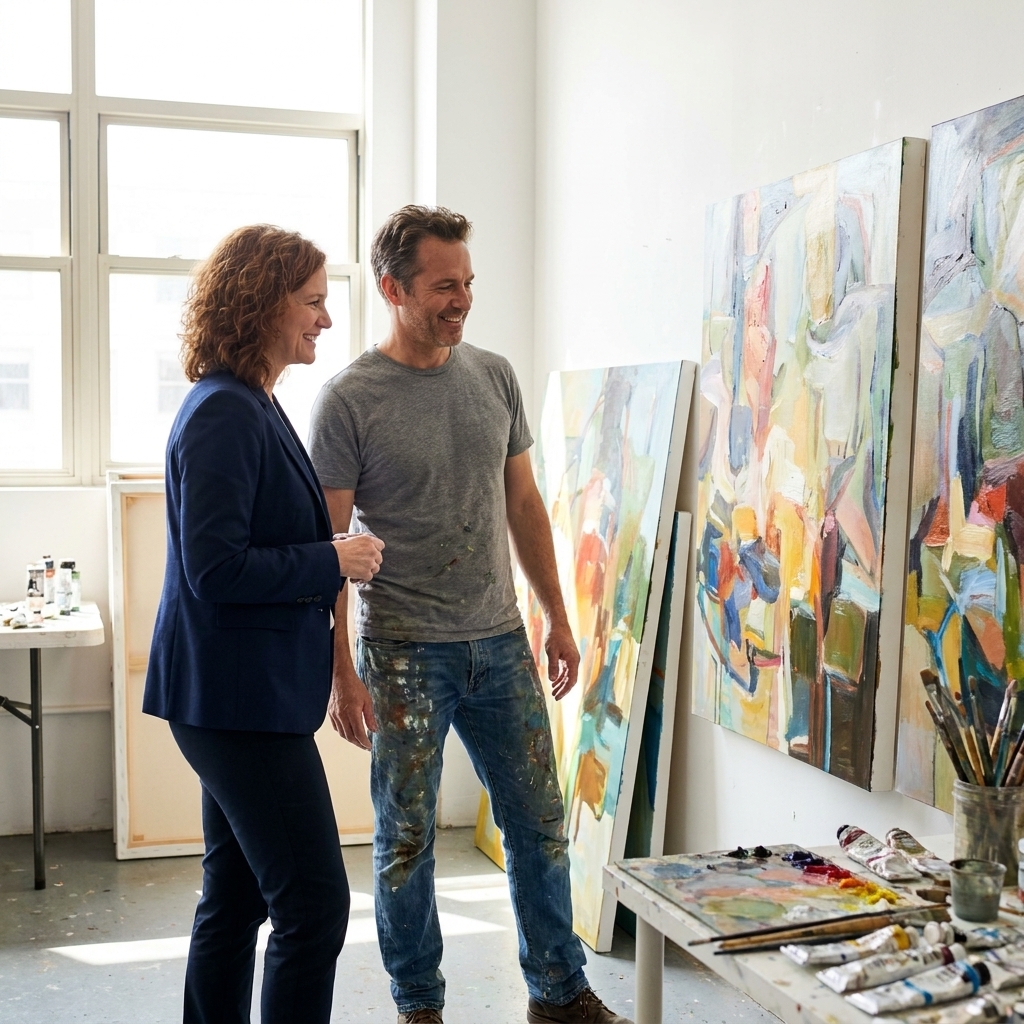 A curator and an artist standing in a bright studio looking at large canvases leaning against a wall
