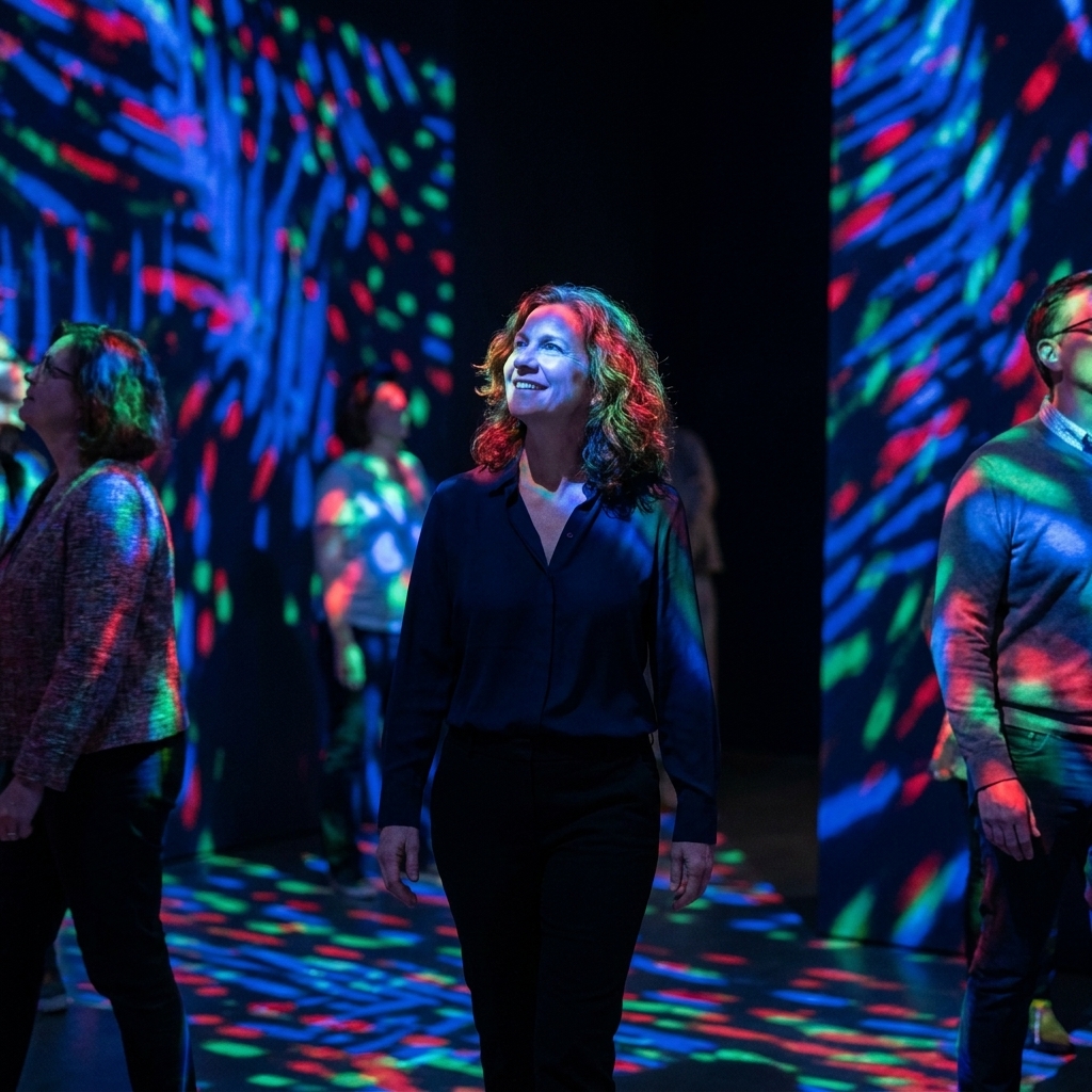 A dark gallery room filled with projected moving light patterns, with visitors walking through glowing color fields