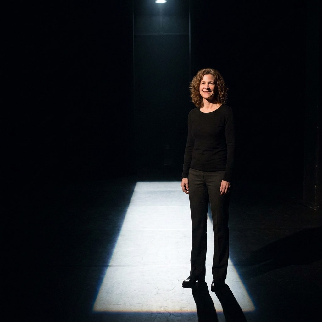 A dark theater stage where a single narrow beam of light forms a bright rectangle on the floor as a performer stands at its edge