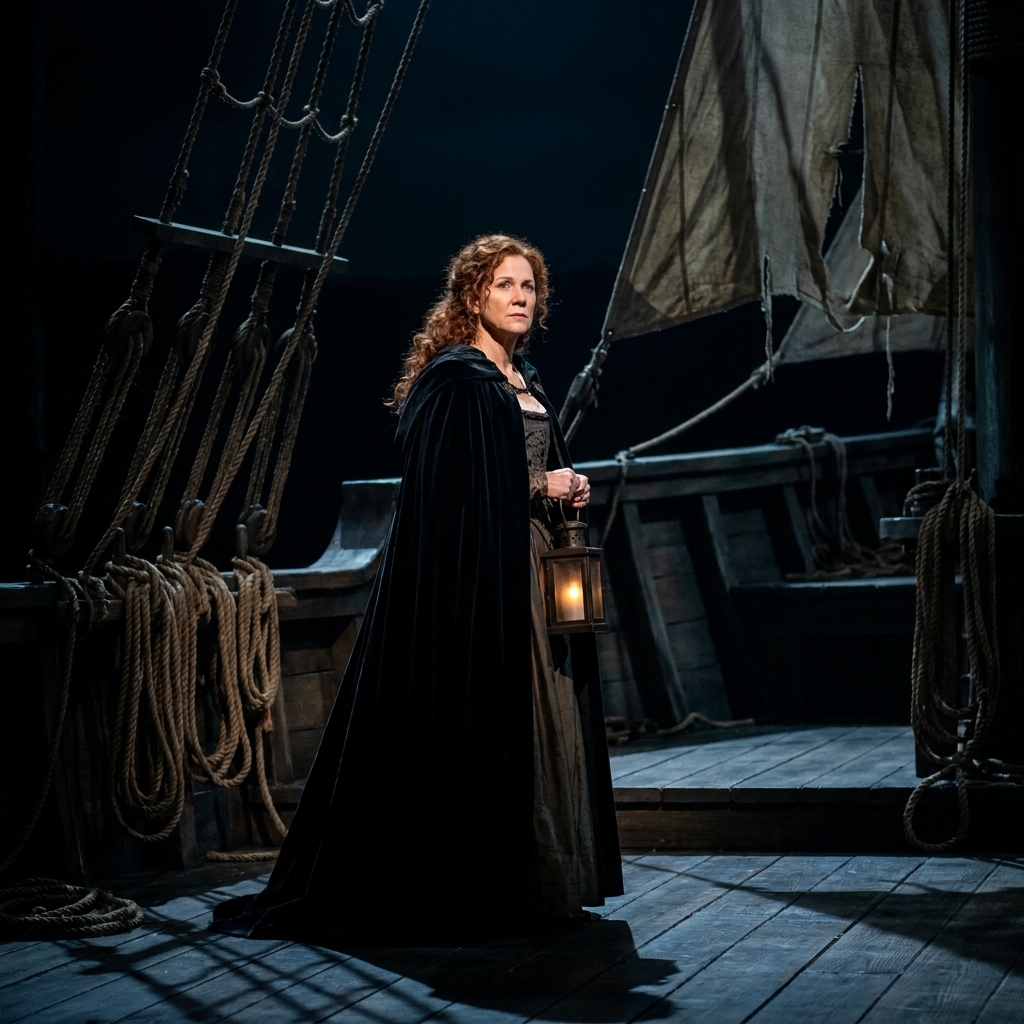A dimly lit theater stage with a ship deck set and dramatic shadows, evoking the moody, atmosphere driven world associated with Wagner's Tristan und Isolde