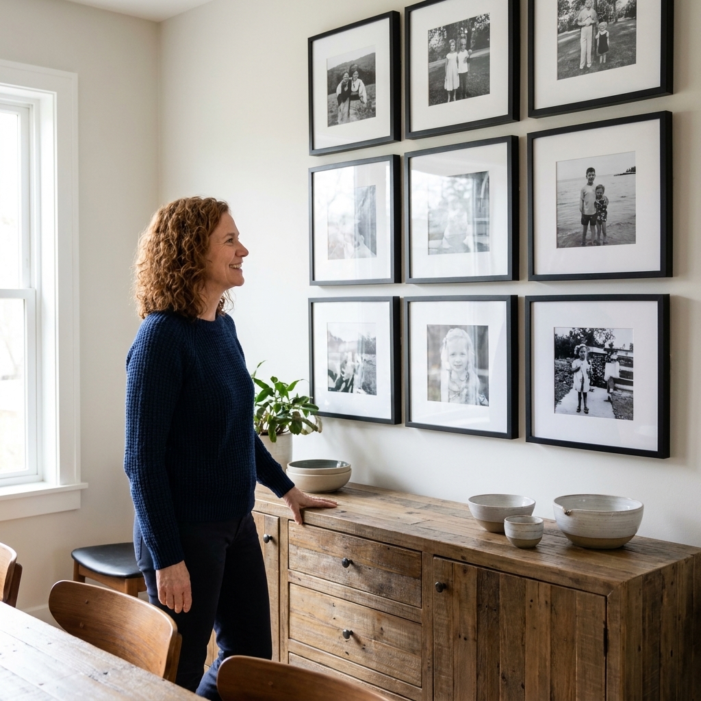 A dining room with a neat grid of black-framed photographs aligned above a long wooden sideboard