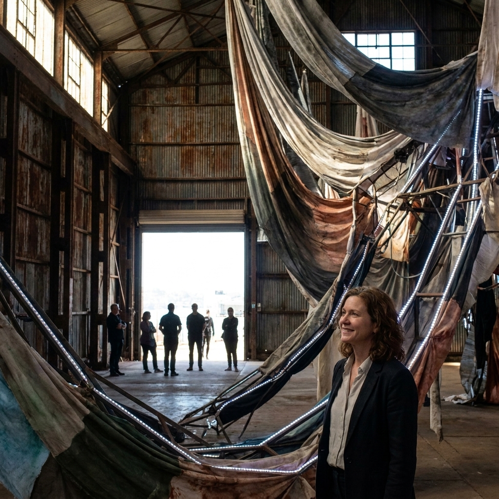 A former industrial building on Cockatoo Island during the Biennale of Sydney with a large contemporary installation inside and visitors silhouetted in the doorway