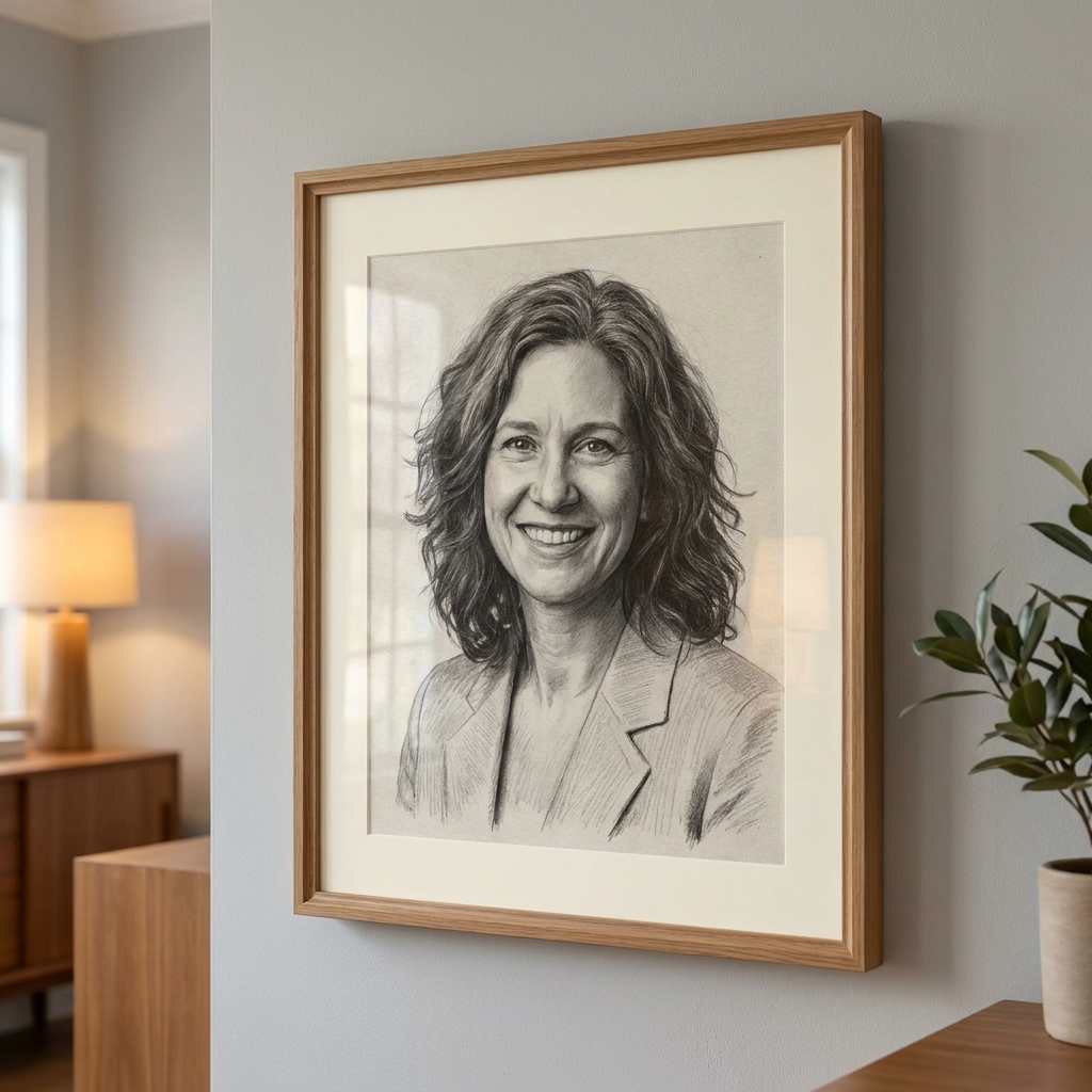 A framed drawing on a wall with anti-reflective glazing, showing minimal reflections from nearby room lighting