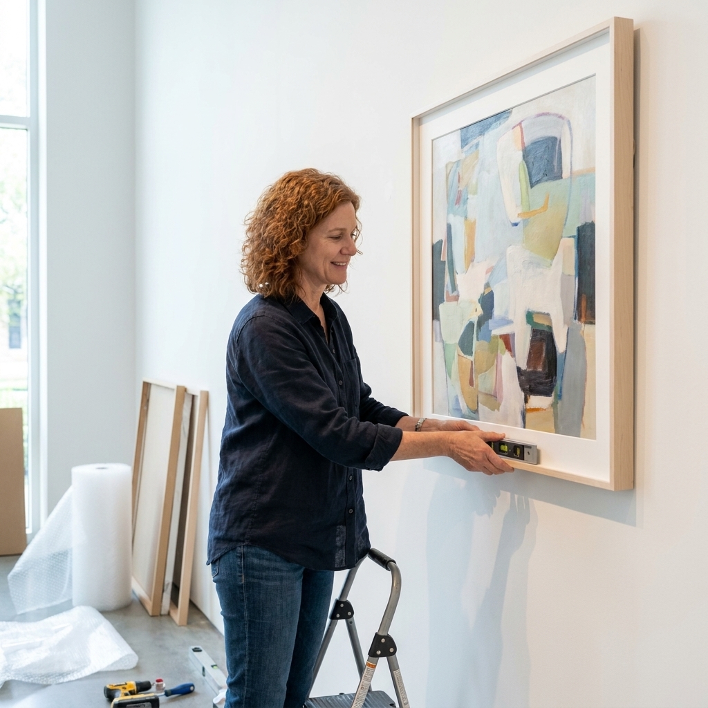 A gallerist adjusting a framed artwork on a white gallery wall during installation