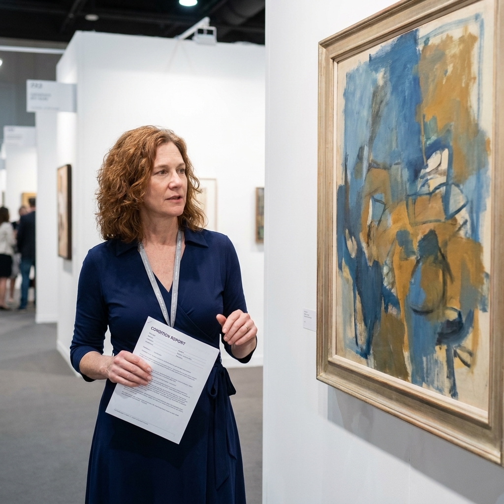 A gallerist holding a printed condition report while standing beside a framed artwork on a white booth wall at a major art fair
