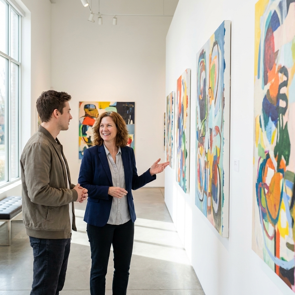 A gallery curator speaking with an emerging artist beside a wall of contemporary artworks during a quiet daytime walkthrough