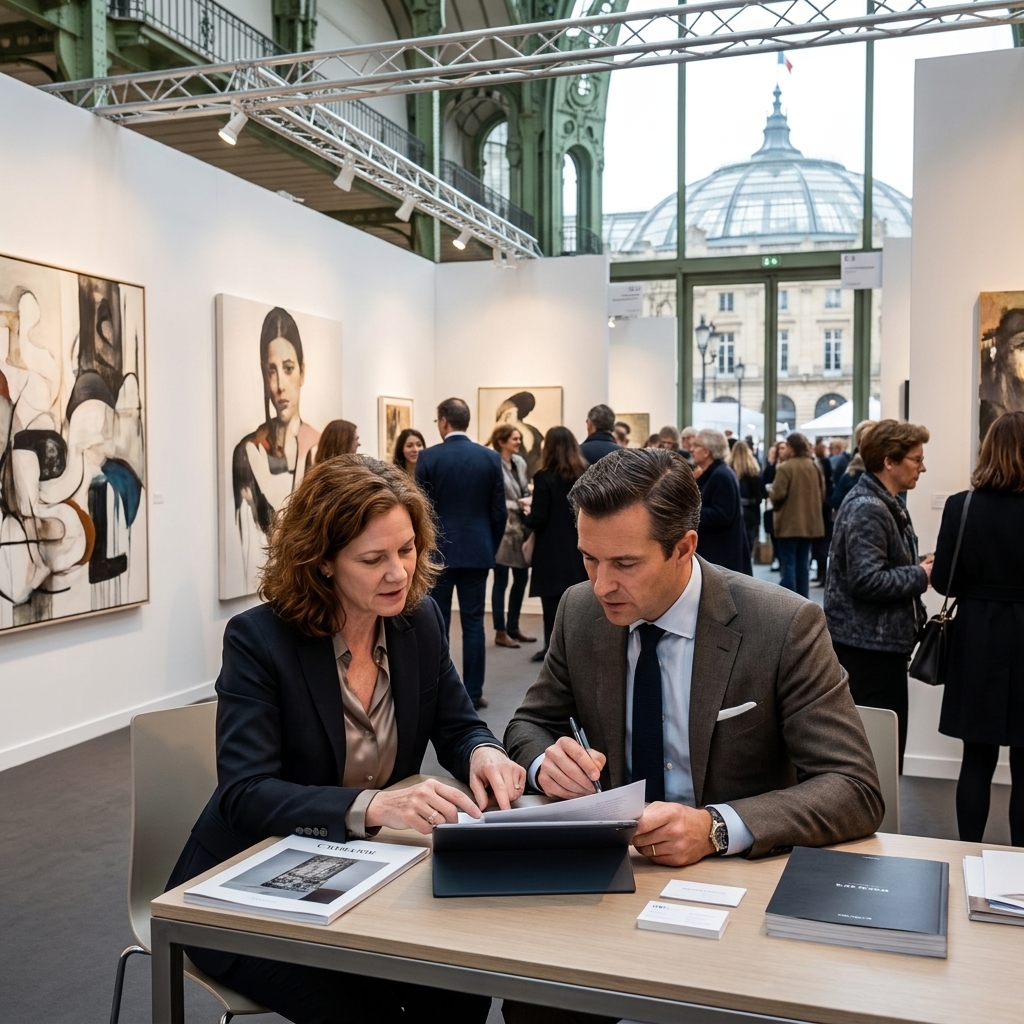 A gallery director and a collector reviewing paperwork on a tablet at a booth desk inside a major Paris art fair venue