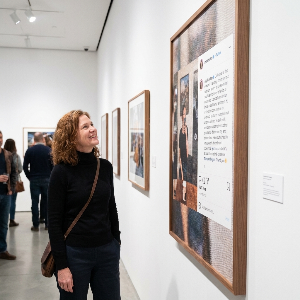 A gallery visitor standing in front of a large-scale print of a social media post in a white-walled exhibition space
