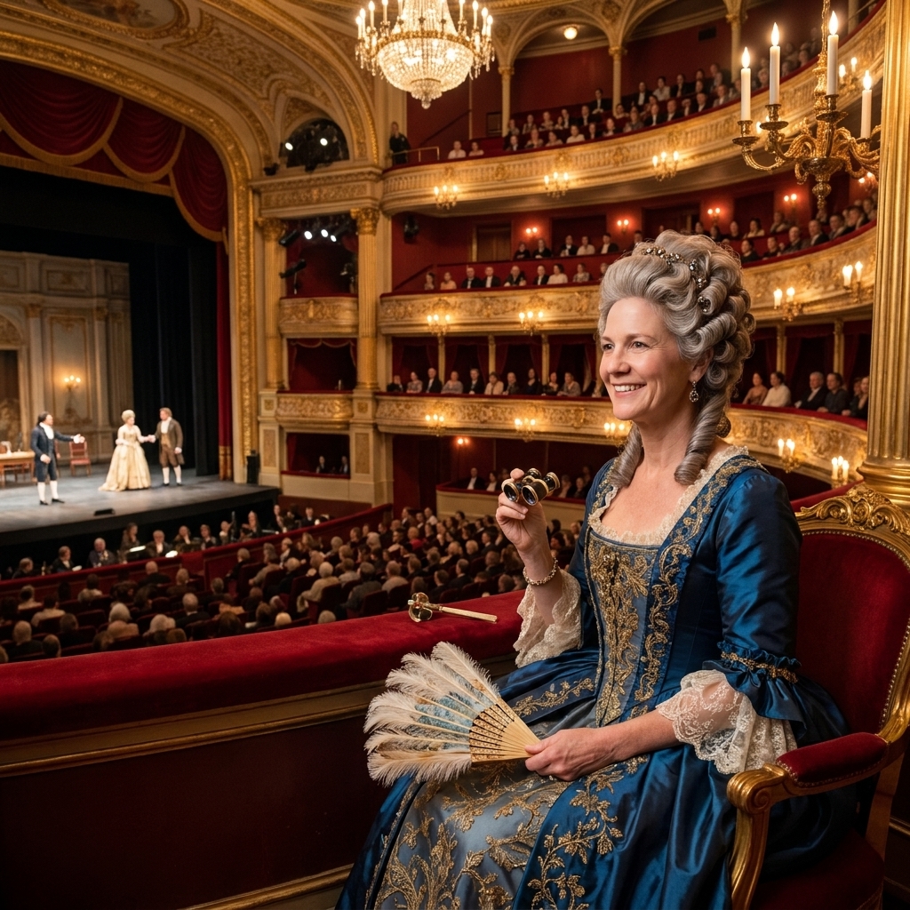 A grand 18th century opera house interior with red velvet seats and gilded balconies, suggesting the Viennese premiere setting for Mozart's Le nozze di Figaro