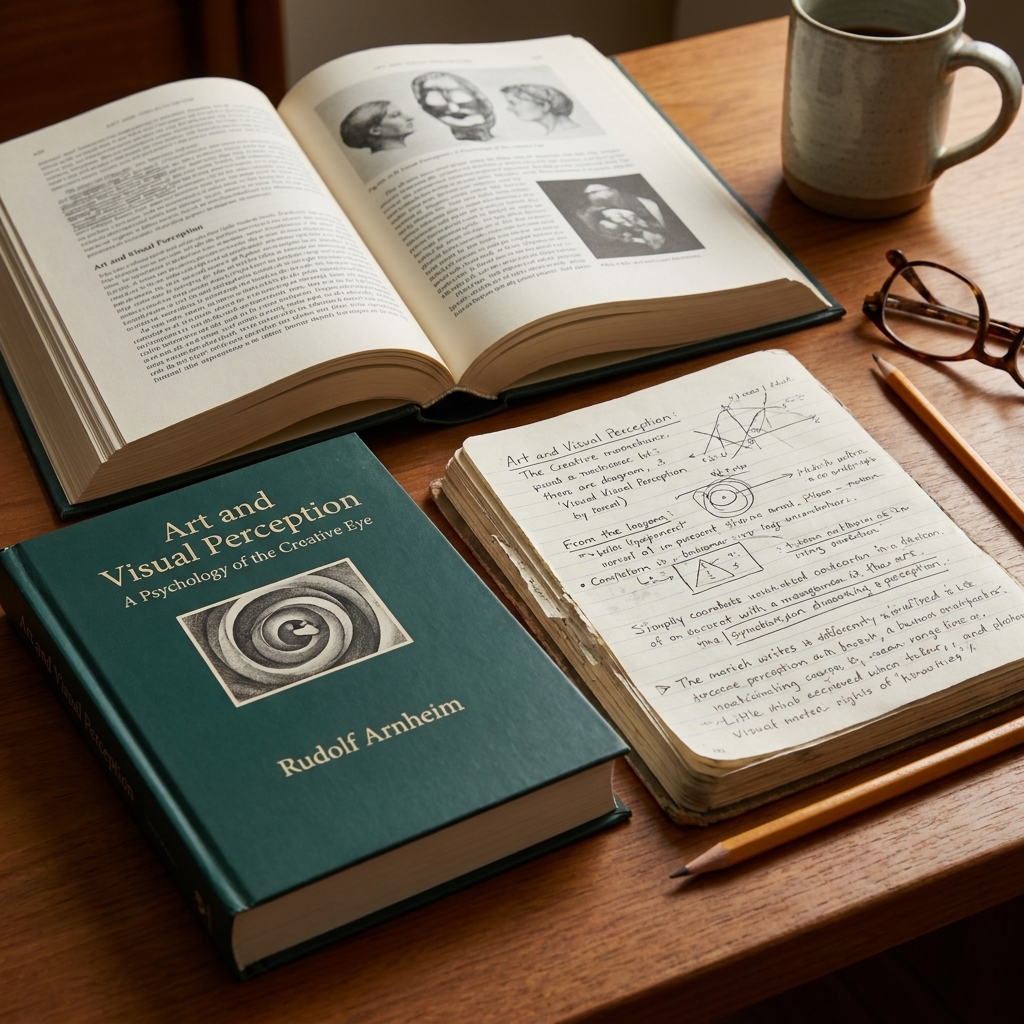 A hardback copy of Rudolf Arnheim's 'Art and Visual Perception' open on a desk with a notebook and a sharpened pencil beside it