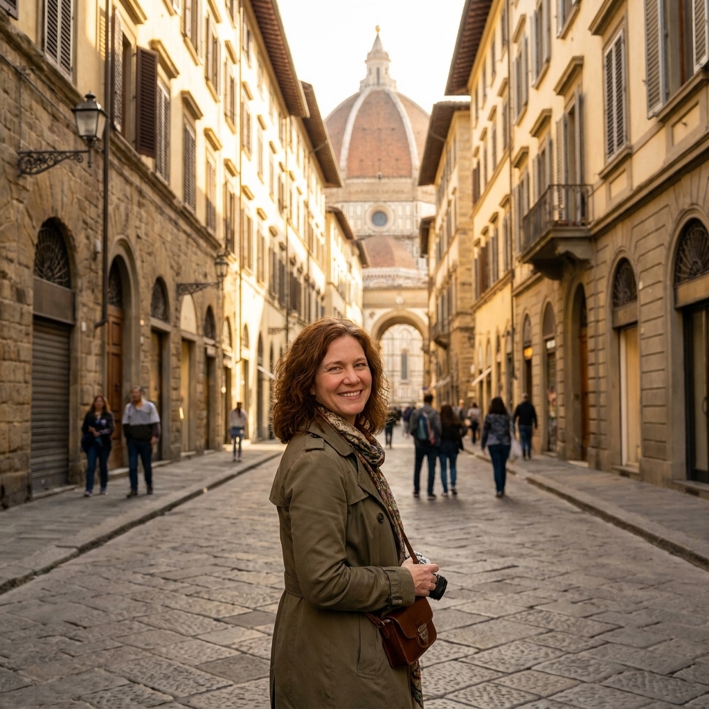 A historic street in Florence with buildings on both sides and strong converging lines leading toward a distant point