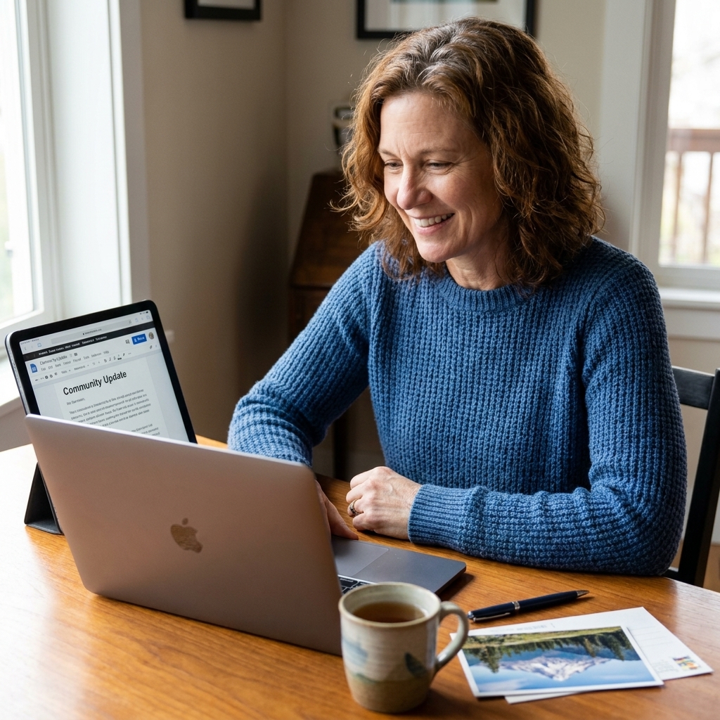 A laptop on a desk displaying an email newsletter draft, with a cup of tea, a pen, and a small postcard nearby