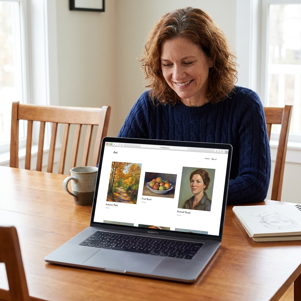 A laptop on a table displaying a clean art portfolio layout with artwork images and captions