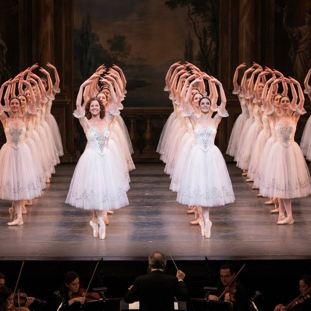 A large corps de ballet in matching costumes forming symmetrical lines on a grand stage, with an orchestra pit just out of view