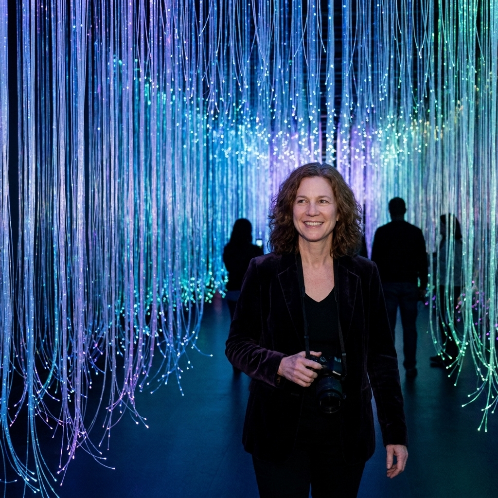 A large light-based installation in a dark gallery, with soft glowing elements guiding visitors through the space