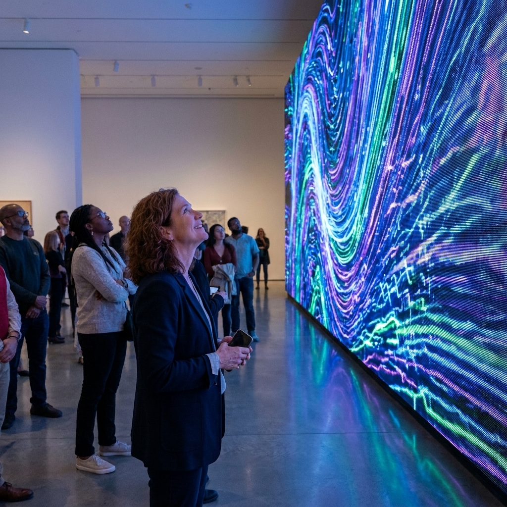 A large museum gallery with a towering LED wall showing swirling abstract data-like visuals while visitors stand and watch, a real photograph of a contemporary immersive media installation