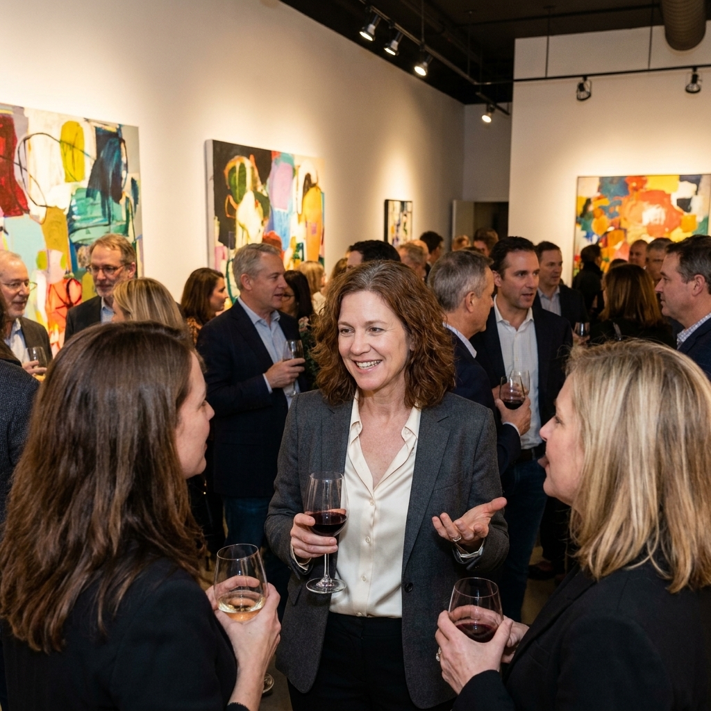 A lively evening gallery opening with visitors holding wine glasses, standing near large contemporary paintings on white walls