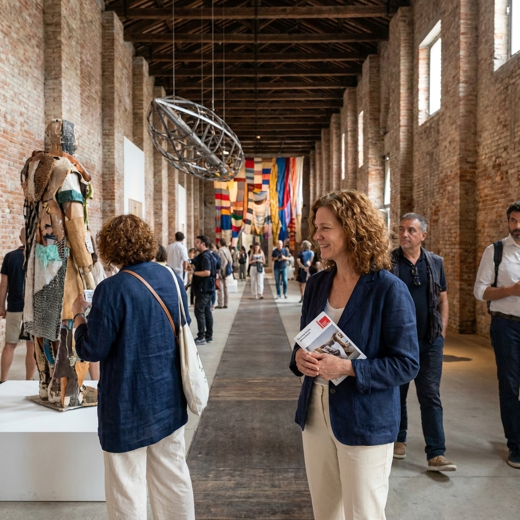 A long brick hall inside the Venice Biennale Arsenale with large contemporary installations spaced along the central walkway and visitors stopping to look