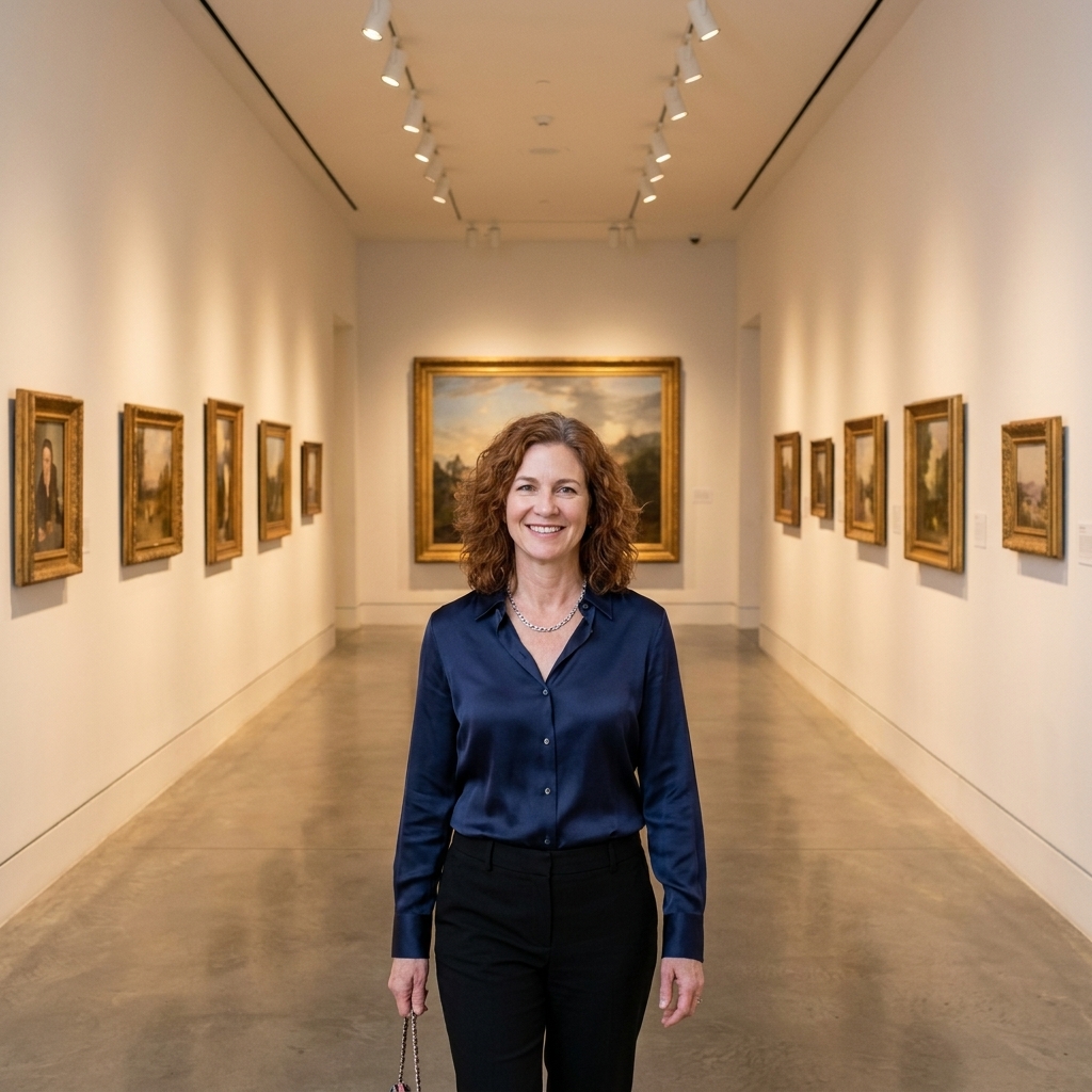 A long museum hallway with evenly spaced artworks and a clear sightline toward a larger anchor painting at the far end, softly lit by ceiling track lights