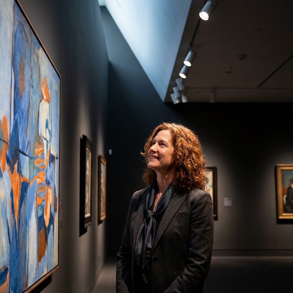 A modern museum gallery with carefully angled spotlights illuminating paintings, leaving surrounding walls in a gentle shadow